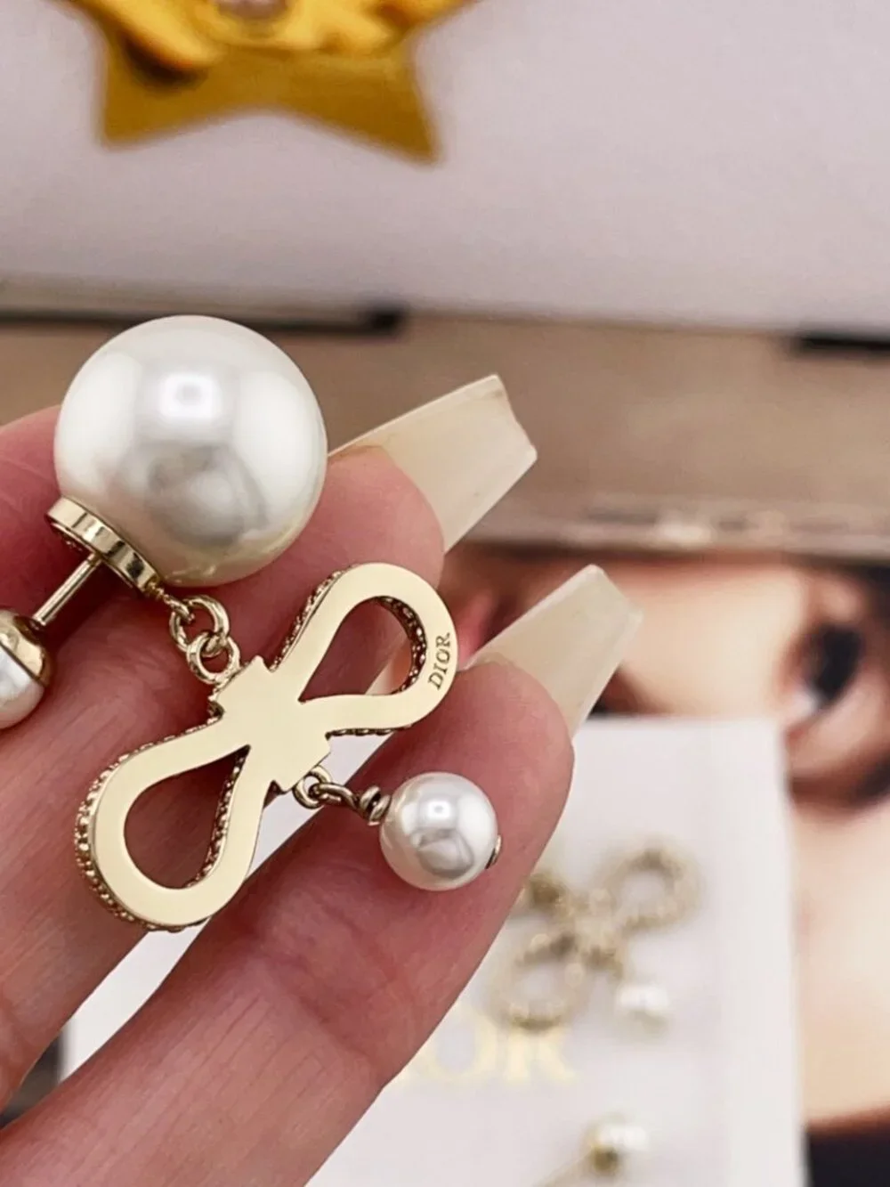 Authentic Dior Gold Tone Pave Crystal Bow Pearl Drop Earrings - Picture 6 of 6